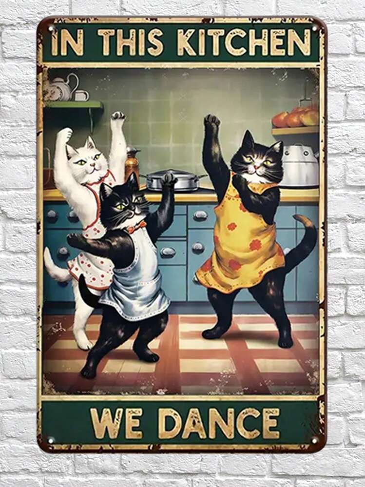 1 pieza Cartel de lata divertido de gato de 12x8 pulgadas, en esta cocina bailamos cartel vintage, cartel vintage de amor a la cocina, cartel vintage de amor a los gatos, regalo para amantes de la cocina de gatos, cartel de metal retro divertido de cocina - Multicolor - Añade 3
