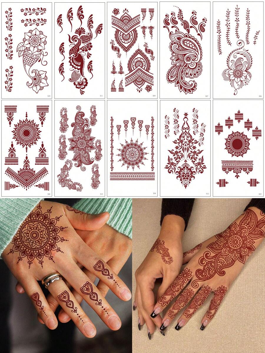 Set de 10 pegatinas temporales de tatuaje rojo y flores vintage de henna para manos y Body,tatuajes maquina para tatuar tatuajes falsos - Rojo - Ver 1