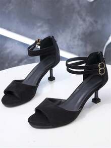 Modne damskie sandały na wysokim obcasie, czarne zamszowe szpilki Eleganckie sandały na wysokim obcasie Peep-Toe - Czarne - Zobacz 5