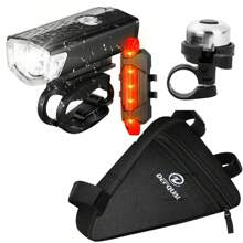 Kit Acessórios Bike Farol Bike Luz Led Usb 300 Lumens Ciclismo + Sinalizador Traseiro + Bolsa Bag Triangular Bolsinha Porta Celular Acessórios + Buzina Trim Trim Mtb - Preto - Visão 1
