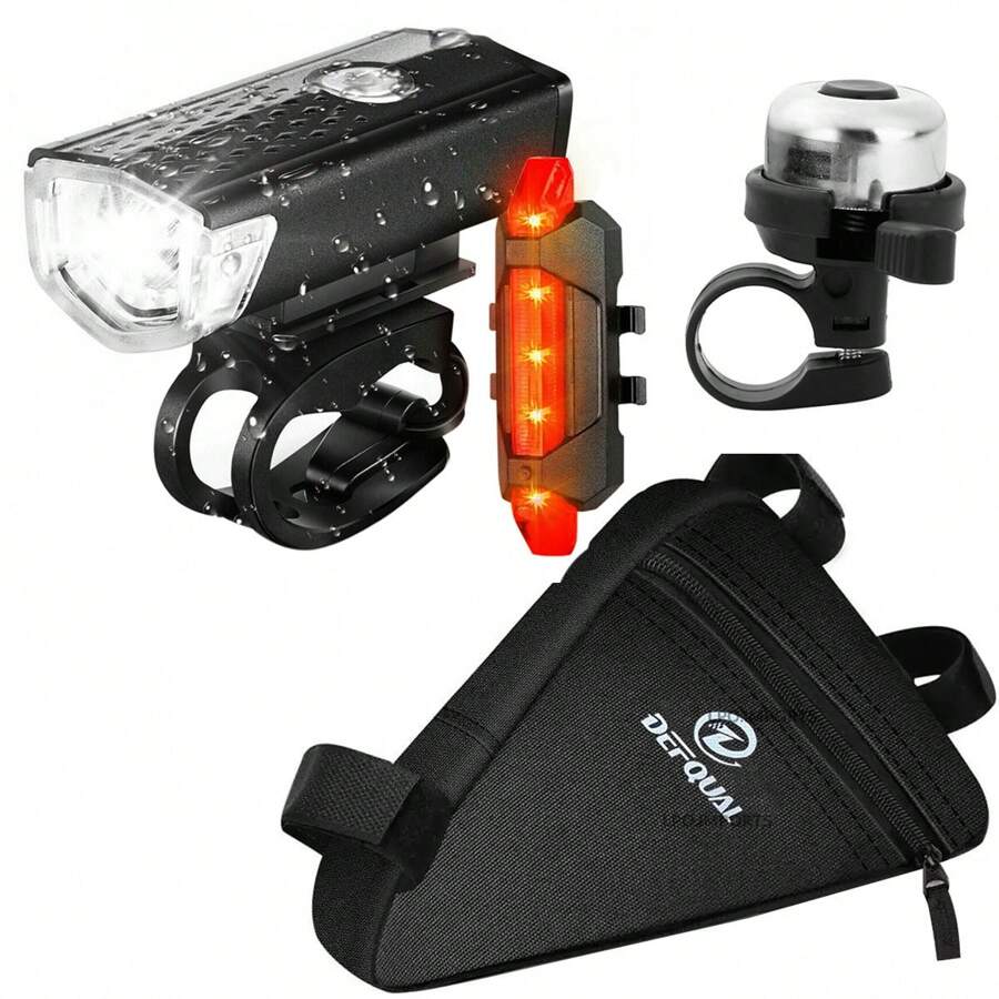 Kit Acessórios Bike Farol Bike Luz Led Usb 300 Lumens Ciclismo + Sinalizador Traseiro + Bolsa Bag Triangular Bolsinha Porta Celular Acessórios + Buzina Trim Trim Mtb - Preto - Visão 1