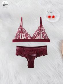 Aofeiqike 优质法式蕾丝内衣上衣文胸内裤套装女无钢圈无海绵新款薄款少女内衣套装女透气弹力 - 酒紅色 - 查看 6