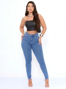 Women's Basic Skinny Jeans High Waist With Lycra Empina Cut. - 中等水洗藍 - 查看 4