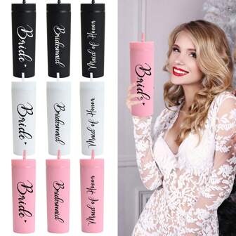 1 pieza Botella de agua lisa de plástico con capacidad para 16 oz y patrón de novios, adecuada para bebidas de verano e invierno, taza plana para leche y café, accesorio de viaje, regalo del Día de la Madre, regalo para dama de honor/novia