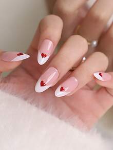 24 piezas de uñas postizas con forma de corazón rosa para manicura francesa con borde blanco, uñas falsas simples y removibles, longitud mediana y lindas pegatinas de arte de uñas 3D - Rosa Pálido - Ver 2