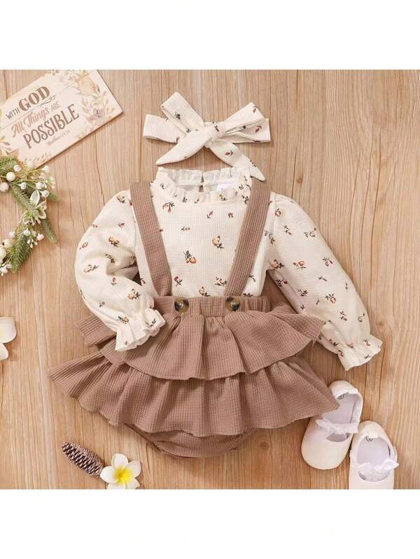 Conjunto informal de camisa de cuadros y falda con tiras con volantes con estampado floral ditsy para bebé niña, primavera/verano