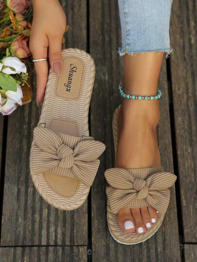 Damen Schleifenverzierte Flache Sandalen, leichte Sommer Hausschuhe, rutschfeste Damen Strandschuhe