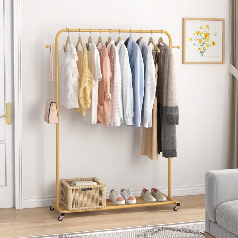 1pc Large Capacity Metal Clothing Rack, Movable Wheel Type Hanger, Bottom Mesh Accommodable Hanger Halloween Decorations Halloween Costumes Autumn Decor Festival Decor - Gold - View 1