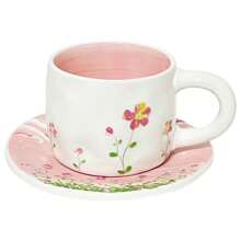 1 conjunto de xícara de café e pires de cerâmica com flores cor de rosa do mar e de 250ml, conjunto pintado à mão de coração adorável de menina para chá da tarde