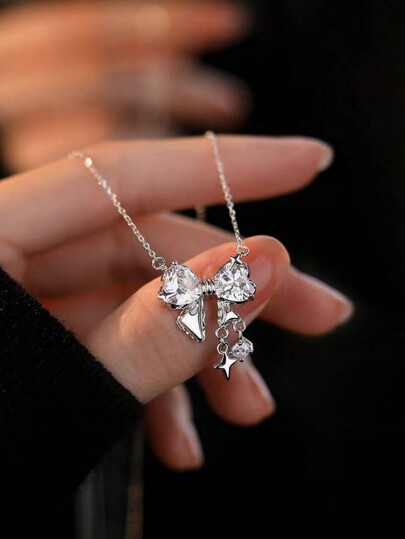 1pc Fashionable White Bowknot Star-Shaped Rhinestone Pendant Necklace, Suitable For Daily And Party Wear By Women Valentines,Mom,Mother,Mother's Day,Gift