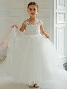 Tween Girl Lace Mesh Bow Party White Dress, Elegant Princess Gown Suitable For Girl Birthday Party, Formal Occasion, Communion, Flower Girl, Bridesmaid Wedding Dress, Holiday Celebration - White - View 2