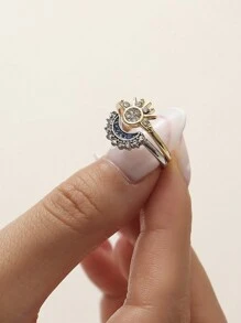1 Cặp Nhẫn Đồng Xếp Chồng Thiết Kế Sáng Tạo Sang Trọng Phong Cách Châu Âu Và Châu Mỹ Đính Đá Mặt Trời Và Mặt Trăng Cho Nữ, Thích Hợp Cho Ngày Lễ Tình Nhân, Đám Cưới, Sinh Nhật, Tiệc Tùng Và Sử Dụng Hàng Ngày, Mẹ, Mẹ, Ngày Của Mẹ, Quà Tặng - vòng mặt trời và mặt trăng - Xem 5