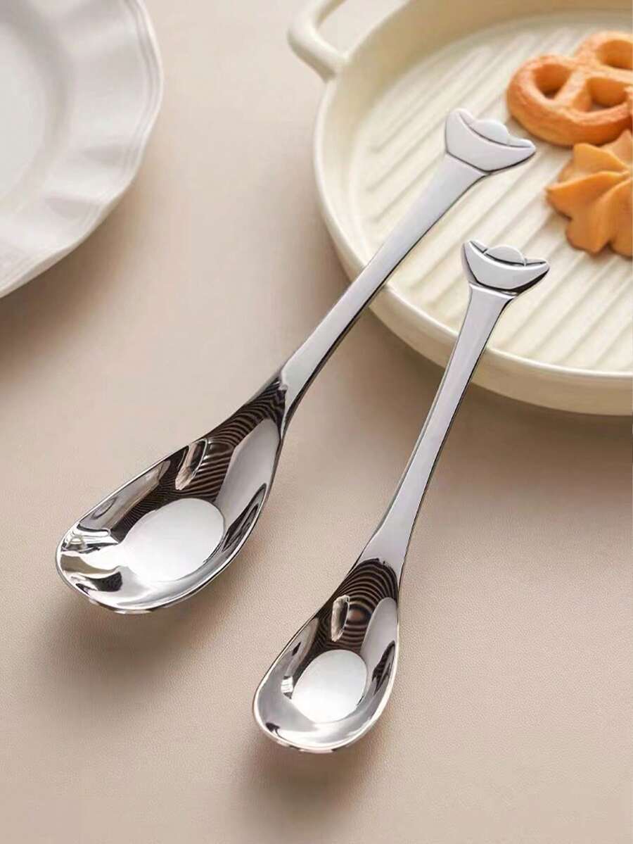 1支高級不銹鋼錠塊造型匙羹，加厚汤匙適合兒童，加深湯匙和勺子 - 銀色 - 查看 1