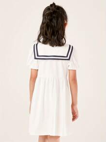 Annil Mädchen Tweens Kleid mit Kragen und Kurzarm, Sommer Velours Langarm T-Shirt Kleid, süßer marineblauer Stil