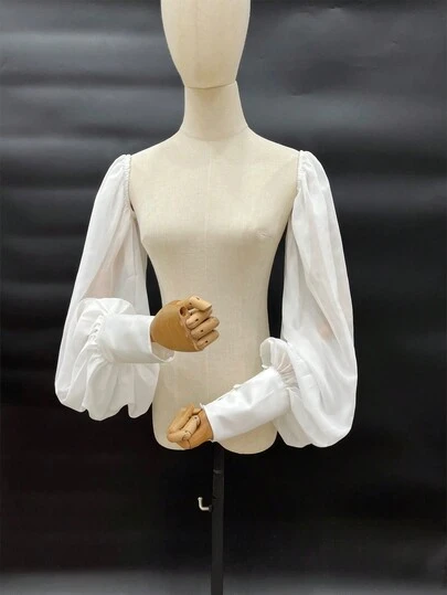 1件白色雪纺泡泡袖长款新娘装饰袖口，带松紧带