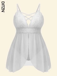 DITZN Plus Size Fashion Sexy Doll Shirt Women's 2 In 1 One-Piece Erotic Lingerie Dress V Neck Lace Pajamas Summer Breathable Cross Strap Nightgowns