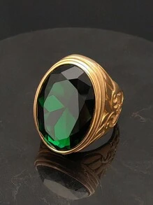 时尚高品质镀金18K祖母绿戒指，不锈钢简约宝石玻璃戒指，女士款 - 金戒指 - 查看 3