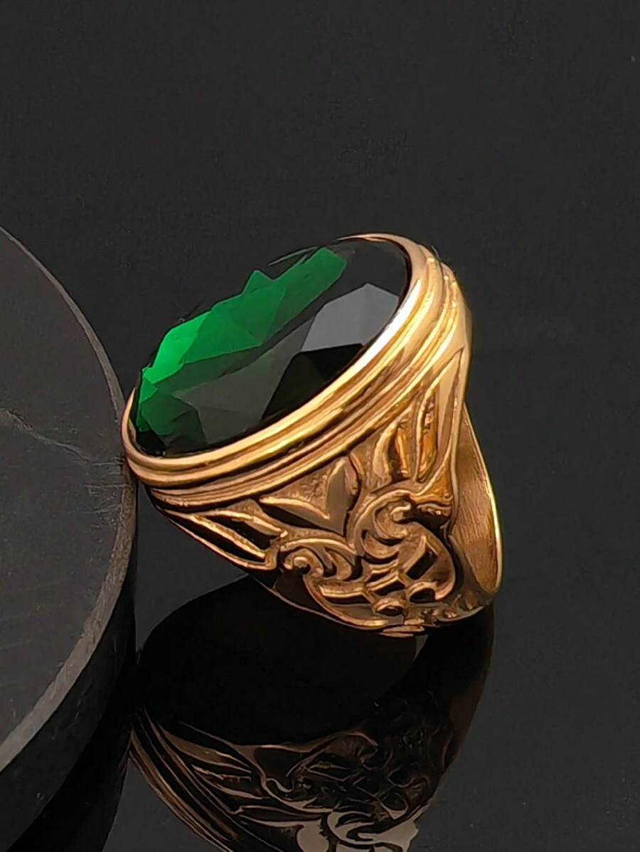 Fashion High Quality Golden Emerald Ring Men And Women's Stainless Steel Simple Stone Glass Rings - Gold Ring - View 1