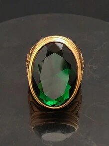 时尚高品质镀金18K祖母绿戒指，不锈钢简约宝石玻璃戒指，女士款 - 金戒指 - 查看 1