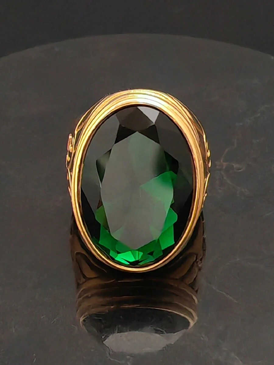 时尚高品质镀金18K祖母绿戒指，不锈钢简约宝石玻璃戒指，女士款 - 金戒指 - 查看 1
