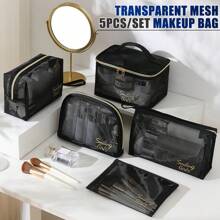 Set de 5 Bolsas cosméticas de malla de moda, bolsa de almacenamiento transpirable negra, monedero, neceser, bolsa de maquillaje, bolsa de cuidado de la piel, bolsa de aseo, cubos de embalaje, esenciales de viaje, esenciales de crucero, esenciales de dormitorio, regalos de dama de honor, regalos para mamá, regalos de cumpleaños, regalos para amigos y maestros, decoración del hogar, decoración del baño, sala de estar y dormitorio, organizador de baño, organizador de joyas, organizador de aceites de labios, organizador de esmalte de uñas, bolsa de maquillaje, almacenamiento de maquillaje, organizador de maquillaje, estuche de maquillaje, organizador de artículos de tocador de viaje, regalos de almacenamiento esenciales transparentes, accesorios con cremallera