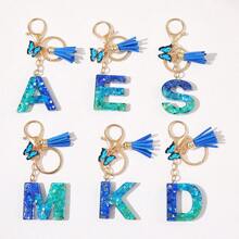 1pc Blauw Informeel Dames Schattig Kwastje Vlinderhanger Sleutelhanger Gradiënt Pailletten Letter Sleutelhangerhanger met glitter, Eerste detail - Geschikt als cadeau voor vrienden