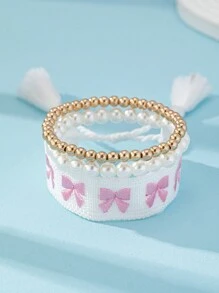 3 Pcs BOHO Pink Bow Embroidered Bracelet Set For Women Valentines - Multicolor - View 2