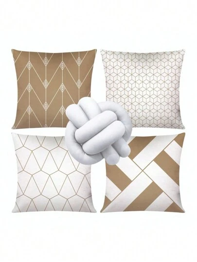 Kit c/ 4 Capas de Almofadas Decorativas + 1 Almofada de Nó - Geométrica Nude