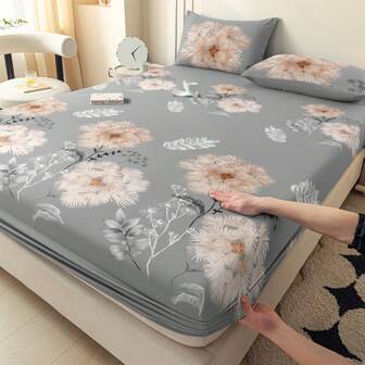 1 Set de sábana ajustable de poliéster estampada con plantas y flores con fundas de almohada, 3 piezas, adecuado para el uso en dormitorio, habitación de invitados, hotel