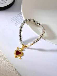 1件创意时尚个性化设计优雅轻盈奢华铜镶嵌锆石不对称水滴心形串珠养殖珍珠手链，适合女性、姐妹、情侣、毕业礼物，也是情人节、日常聚会、节日、圣诞节的理想之选。