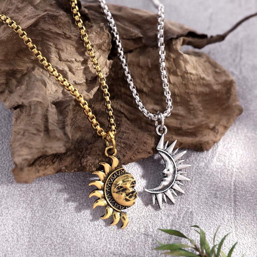 2pcs/set Men Sun & Moon Pendant Necklace