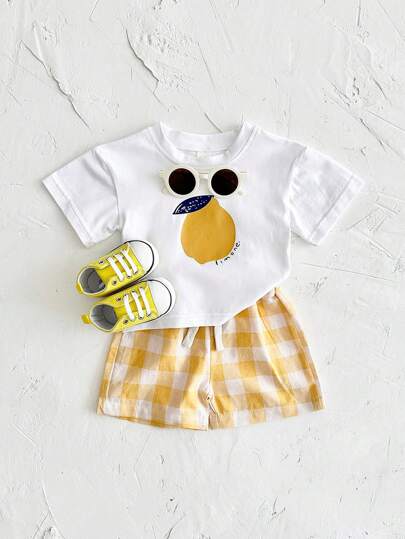 2pcs Baby Girl Cartoon Lemon Print Short Sleeve T-Shirt And Shorts Set, Summer