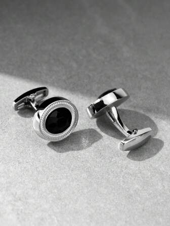 1 对黑色椭圆形水钻袖扣，抛光饰面经典商务时尚男士配饰