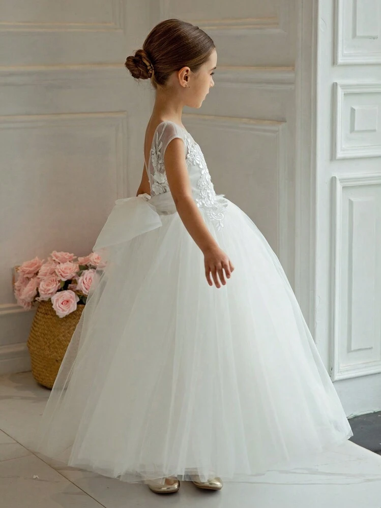 Vestido blanco de encaje y malla con moño para niña preadolescente, elegante vestido de princesa adecuado para fiesta de cumpleaños, ocasión formal, comunión, niña de las flores, dama de honor en boda, celebración festiva - Blanco - Ver 6