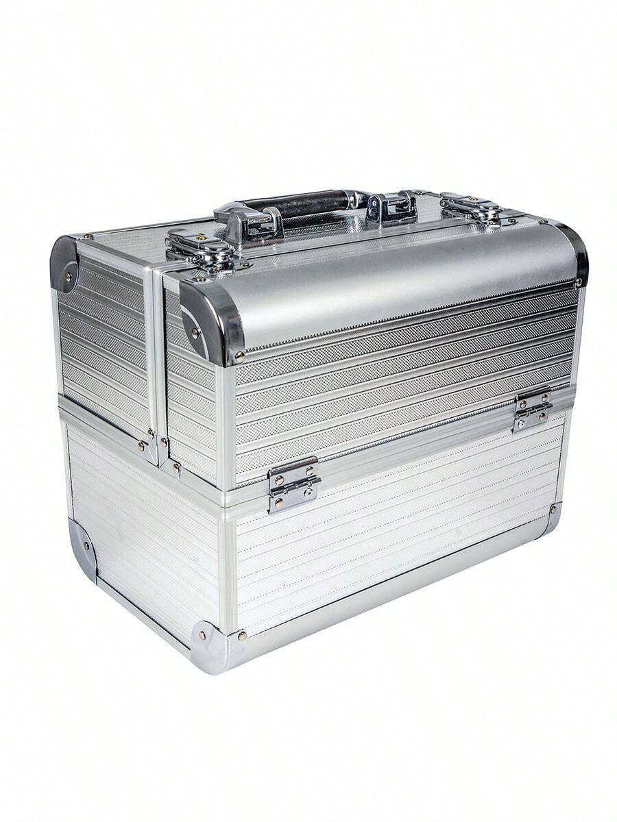 Professional Cosmetic Case, Large Capacity Double Opening Multi-Layer Aluminum Alloy Suitcase, Striped Nail Technician, Eyelash Artist, Beautician, Masseuse, Storage Tool Box, Household Embroiderer, Small Luggage, Women's Tool Box, Box Storage Travel Beauty Box Makeup Artist Special Case For Going Out - 銀色 - 查看 1
