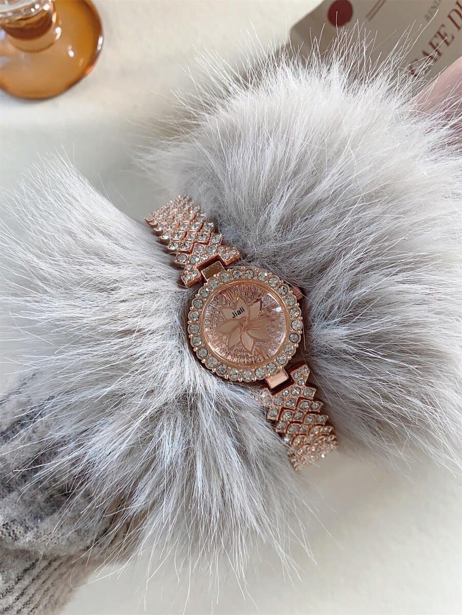 1pc Luxury Full Rhinestone Elegant Rose Gold Watch For Women, Round Dial, Quartz Movement, Chic Bracelet Style, Suitable For Daily Wear/Party - Rose Gold - View 1