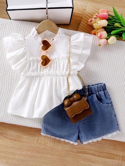 Conjunto de 2 piezas de niña joven con top sin mangas con dobladillo con volantes y shorts vaqueros, de verano