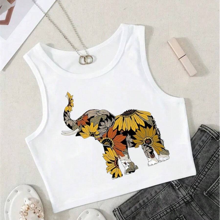 CROP TOP BLANCON CON DISEÑO DE ELEFANTE GIRASOLSIN MANGAS CURLLO REDONDO PLAYERA CASUAL PARA GYM - Blanco - Ver 1