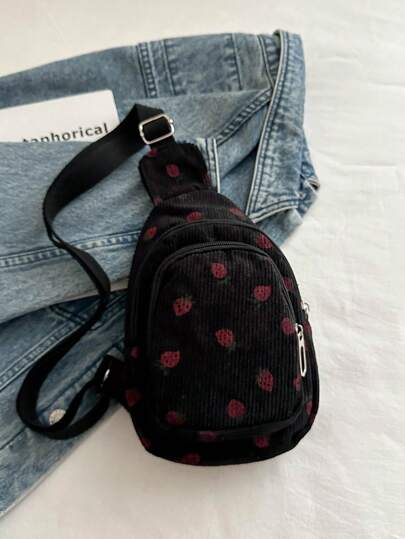 Bolso cruzado y riñonera con estampado de fresa para mujer, con bolsillos con cremallera, de material de lona, bolso pequeño para teléfono, bolsa de viaje rosa linda, disponible en negro o blanco, bolso con forma de fresa con estilo y lindo para el Día de San Valentín