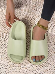 Solid Color Green EVA Pillow Slides, Lightweight Soft Sole Home Shower Slides, Non-Slip Beach Slides - Green - View 2