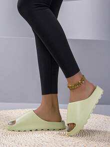 Solid Color Green EVA Pillow Slides, Lightweight Soft Sole Home Shower Slides, Non-Slip Beach Slides - Green - View 6