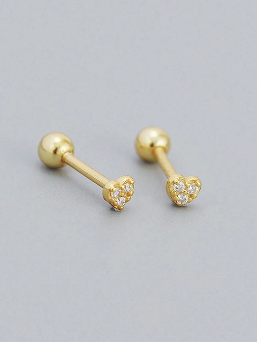 HuooNew 1pair Simple 925 Sterling Silver Inlaid Rhinestone Golden Heart Stud Earrings Suitable For Women's Daily Wear Valentines - Yellow Gold - View 1