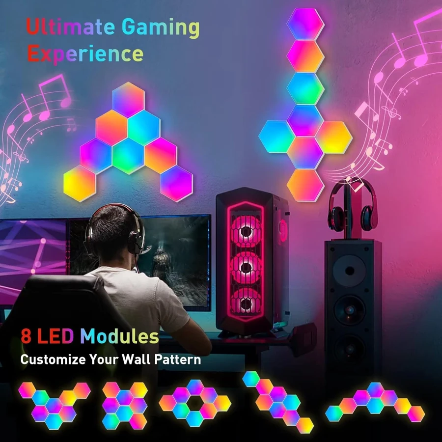 SUIDHOME 智能 LED 六角形壁灯、六角形灯板、智能应用 Wi-Fi 和语音控制 RGBIC 家居装饰创意灯带音乐同步，可与 Alexa Assistant DIY 六角形灯配合使用，适用于游戏室、客厅、卧室派对装饰，3 件装、6 件装、10 件装、12 件装、15 件装、20 件装