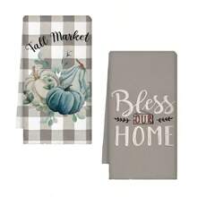 2入組南瓜廚房抹布45 X 70厘米水彩藍灰色格子棉質廚房毛巾、茶巾，感恩節農家廚房、秋季手巾 - 彩色 - 查看 1