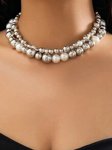 1pc Exaggerated Chunky Beaded Punk Collar Necklace, Geometric Bead Chain For Women - Multicolor - View 5