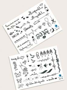 STARTTOOS 2入組黑線藝術文字、羽毛、蝴蝶、心跳和小設計指甲貼紋，手指、手腕、耳朵、鎖骨、身體適用 - 黑色 - 查看 7