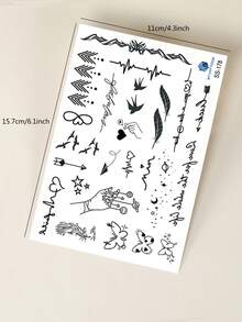 STARTTOOS 2入組黑線藝術文字、羽毛、蝴蝶、心跳和小設計指甲貼紋，手指、手腕、耳朵、鎖骨、身體適用 - 黑色 - 查看 9