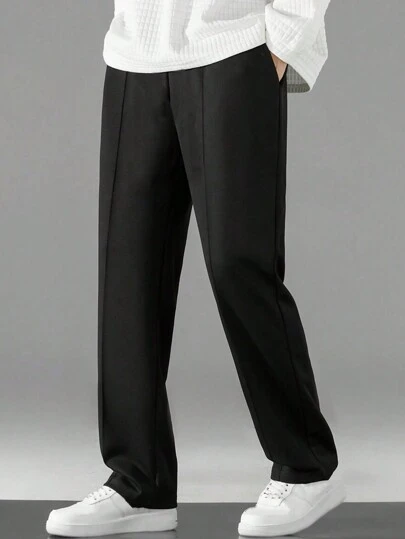 1件装 男童休闲纯色牙签褶皱装饰运动户外华夫格直筒裤，春秋季