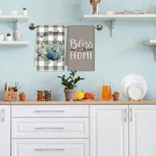 2入組南瓜廚房抹布45 X 70厘米水彩藍灰色格子棉質廚房毛巾、茶巾，感恩節農家廚房、秋季手巾 - 彩色 - 查看 6