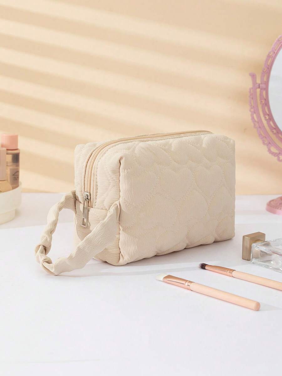 大容量純色布料化妝袋，側面提手並附心形圖案收納袋，家用旅行兩相宜的便攜式袋 - 彩色 - 查看 1